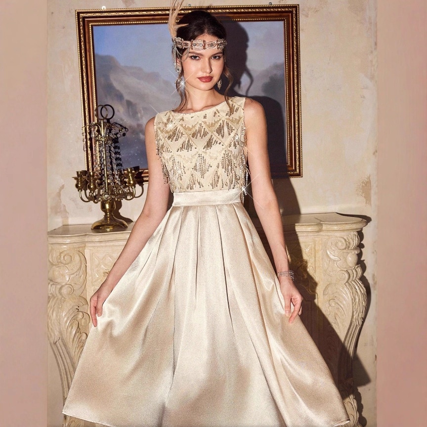 European And American style Satin Sequin Long Evening Gown Apricot - Shop at LoveMi