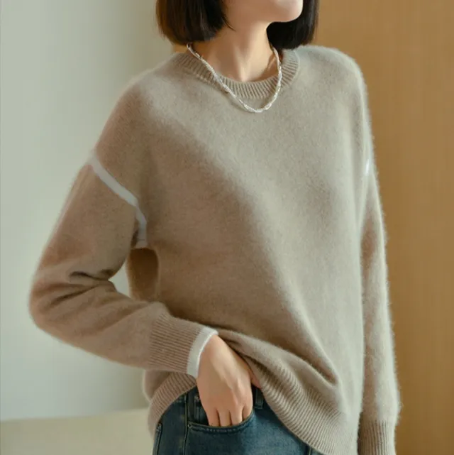 Women's Crew neck Contrast color Knit Loose Sweater Purple - Shop at LoveMi