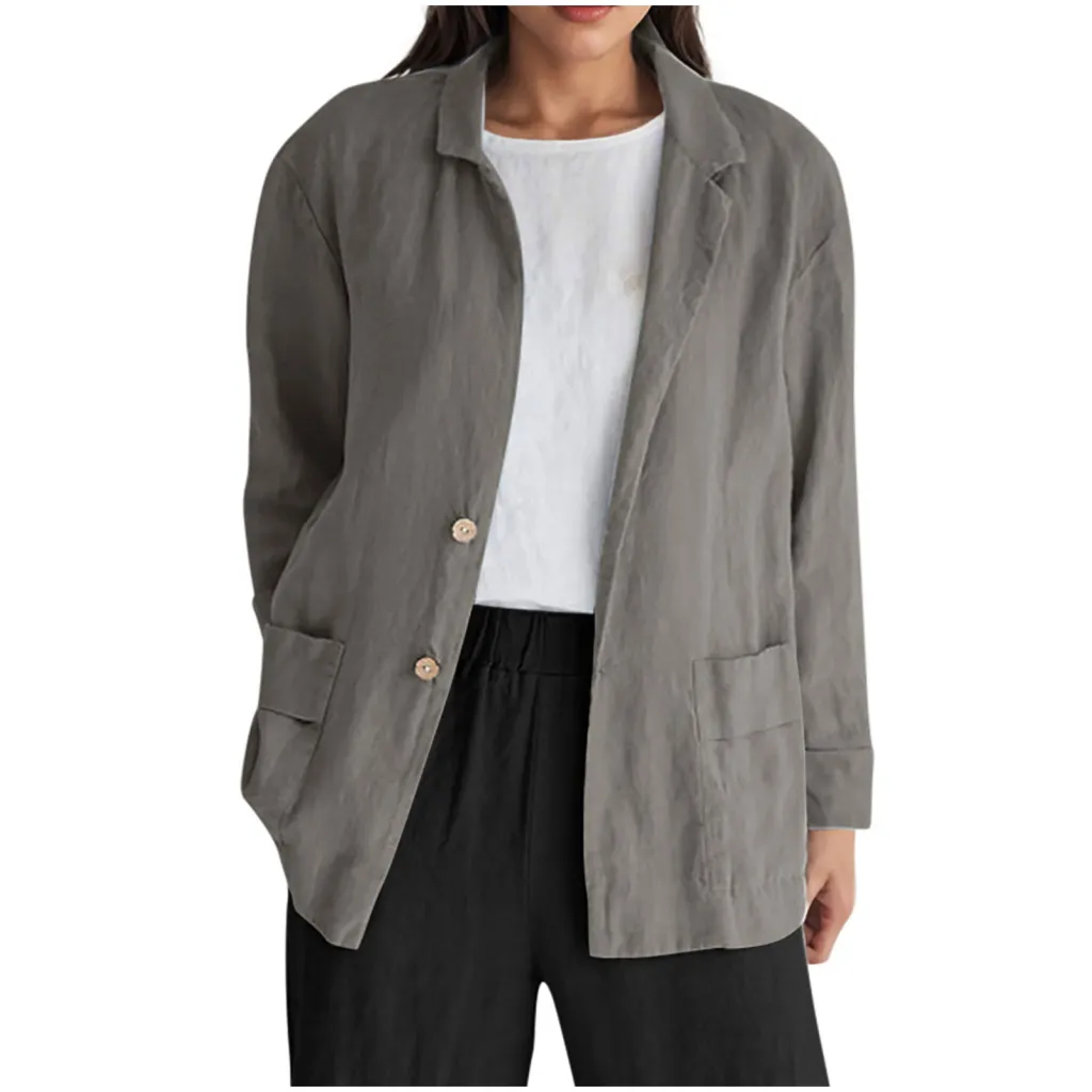Loose-fit Solid-color Long-sleeve Cotton-linen Coat With Buttons For Women - Gray