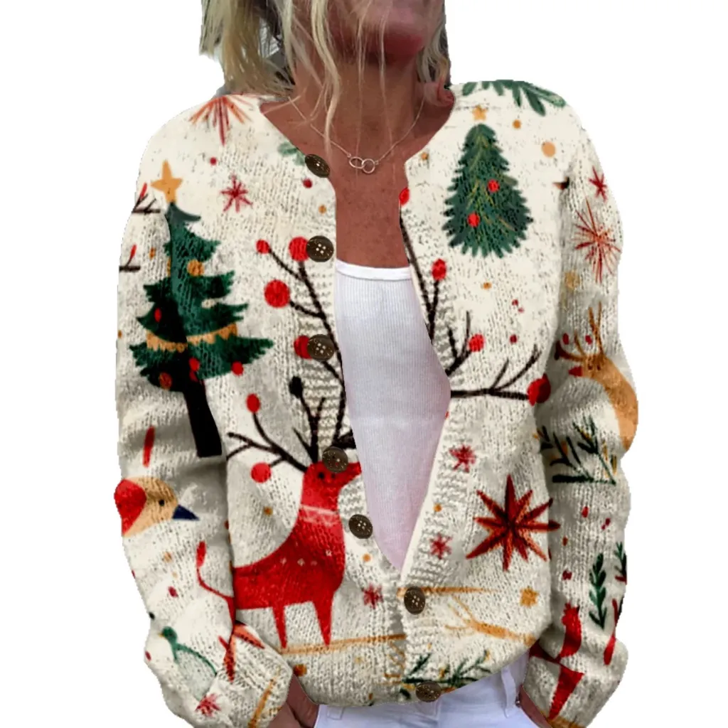 Round Neck Sweater Christmas Button Cardigan Long Sleeve Sweater - Sh1002408805-L