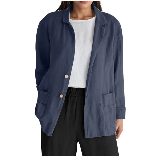 Loose fit Solid color Long sleeve Cotton linen Coat With Buttons For Women Navy Blue - Shop at LoveMi