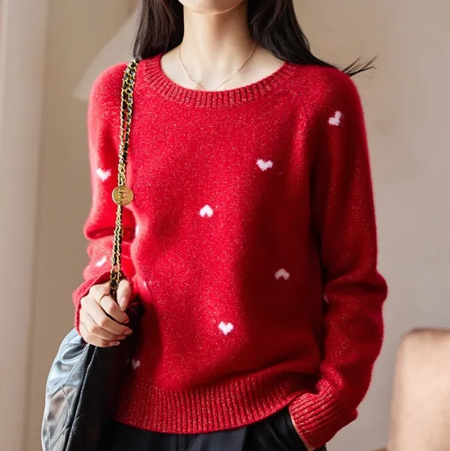 Women's High end Red Crew neck Sweater With Heart Motif Red - Shop at LoveMi