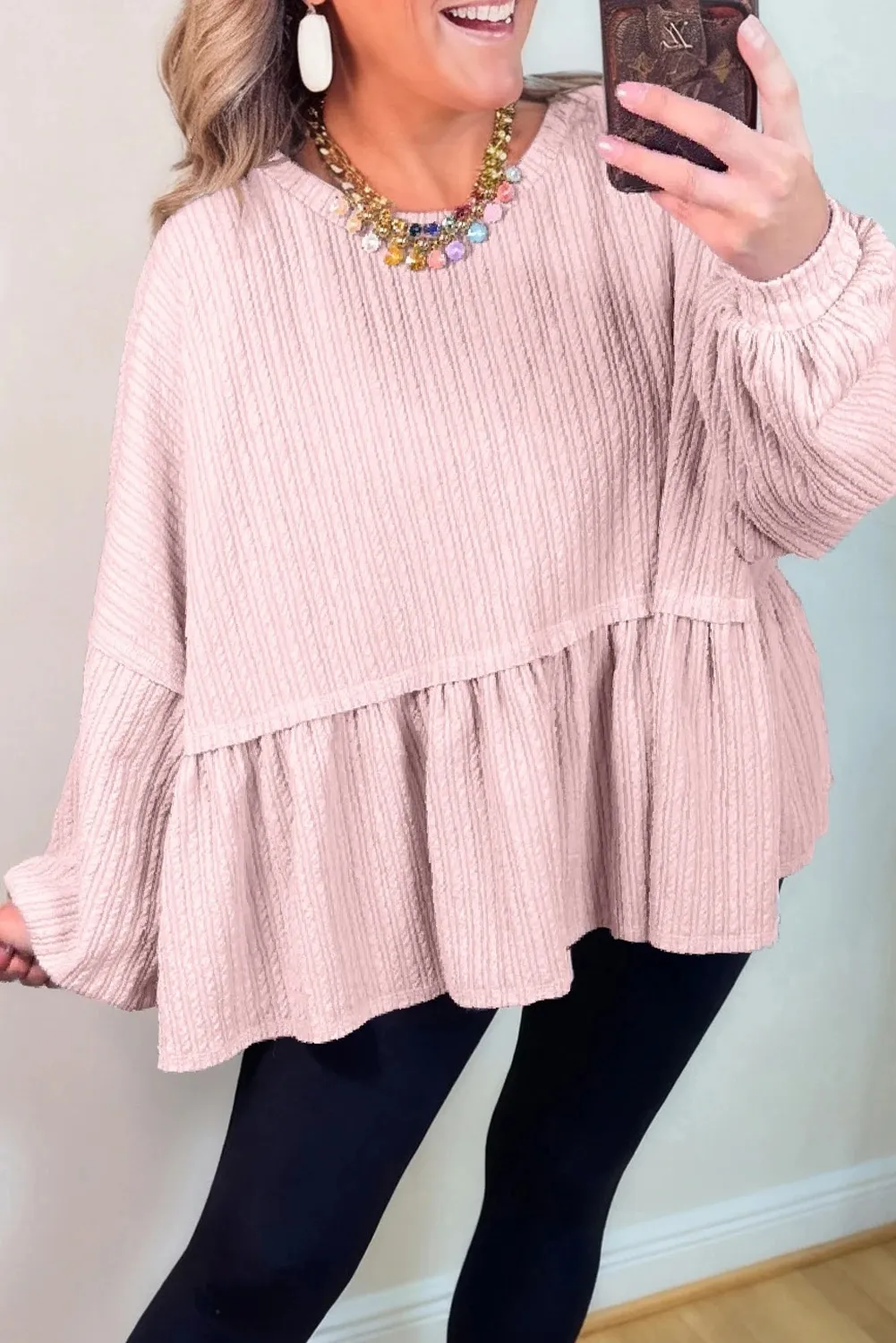 Sweet And Relaxed Solid-color Crew-neck Top With Minimalist Lantern Sleeves - Pink