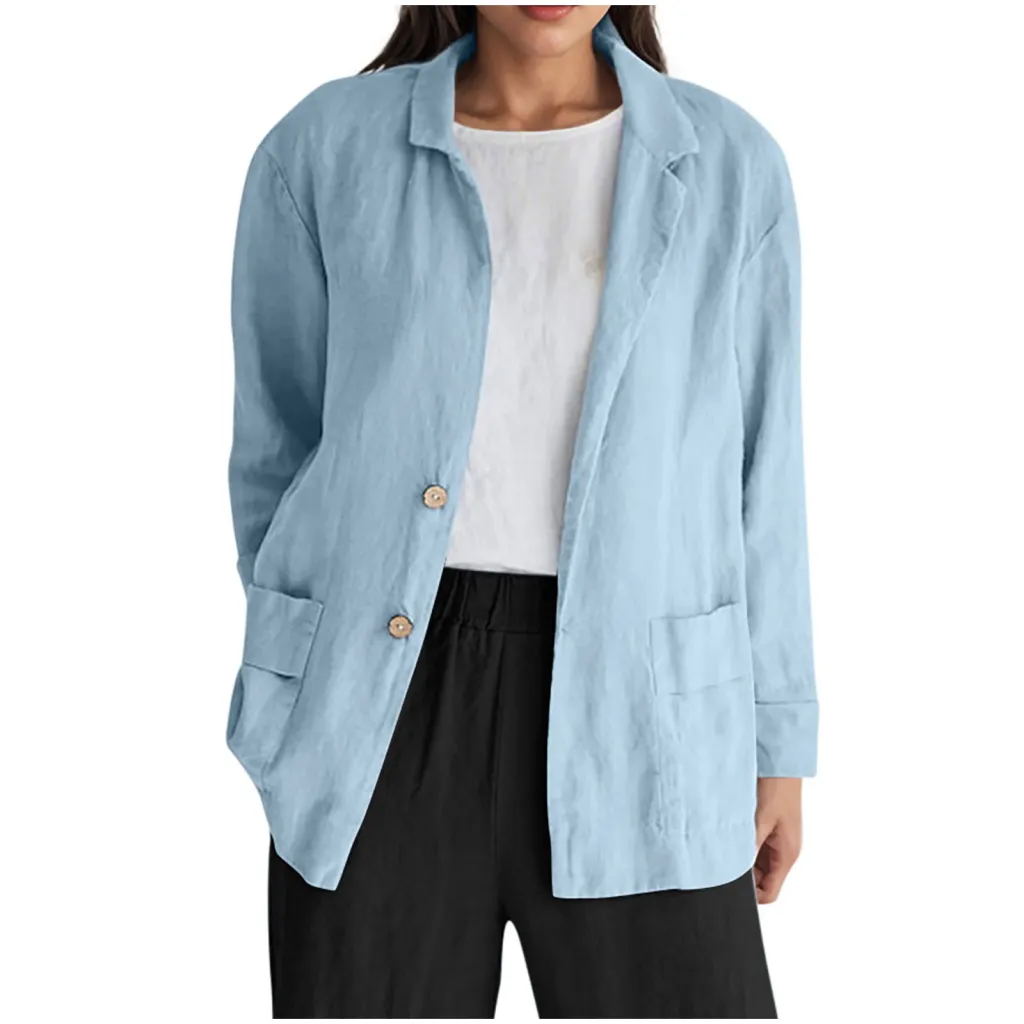Loose-fit Solid-color Long-sleeve Cotton-linen Coat With Buttons For Women - Blue