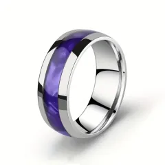 Men's 8mm Curved Surface Sticker Stainless Steel Ring - Silver Purple - View 1