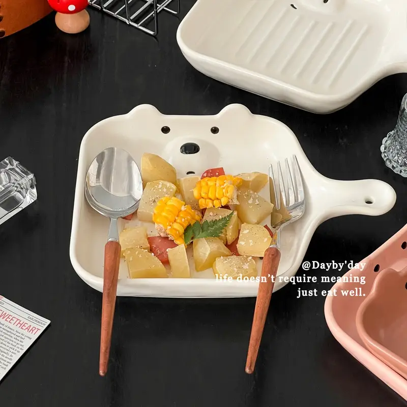 Microwave Oven Baking Tray Ceramic Handle Dinner Plate