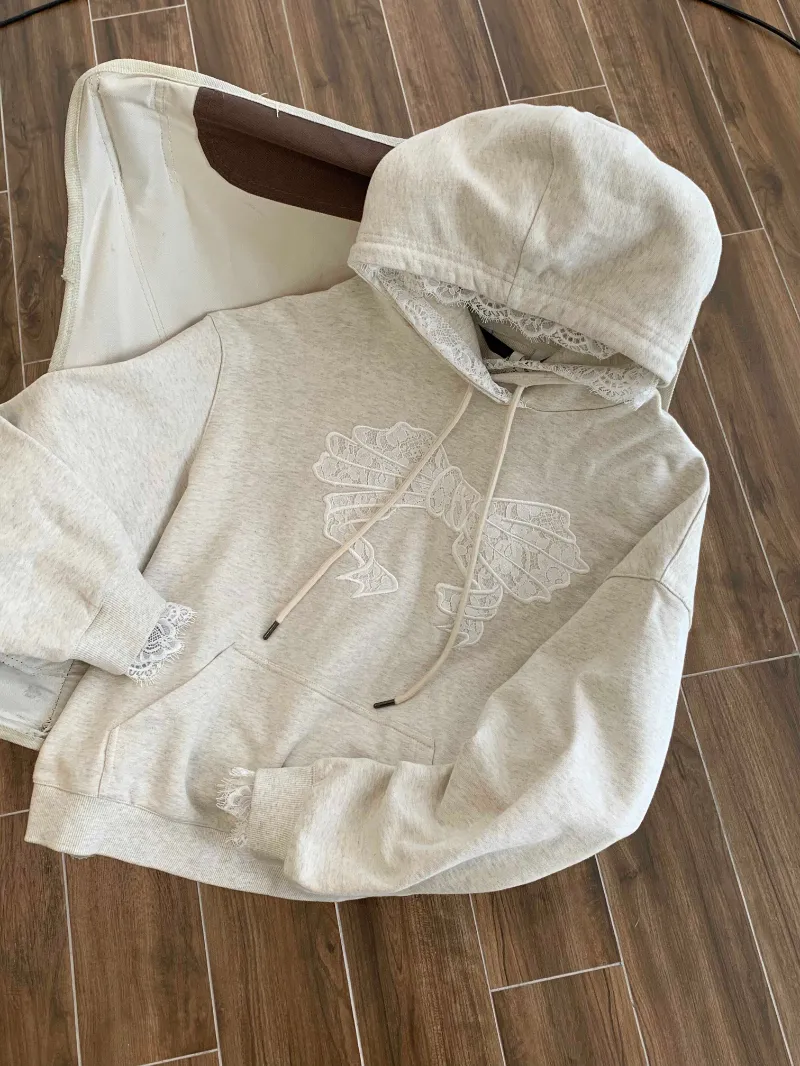 Sweet Lace Trim DesignUnique Retro Loose Top Bowtie Hoodie - Gray