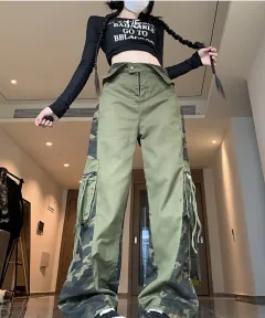 Retro High Waist Tooling Pants Fake Two Stitching Leopard Print Jeans - Army Green - View 1
