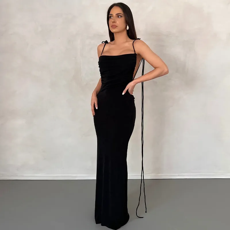 Women's Sexy Backless Slim Fit Lace Up Dress - Black