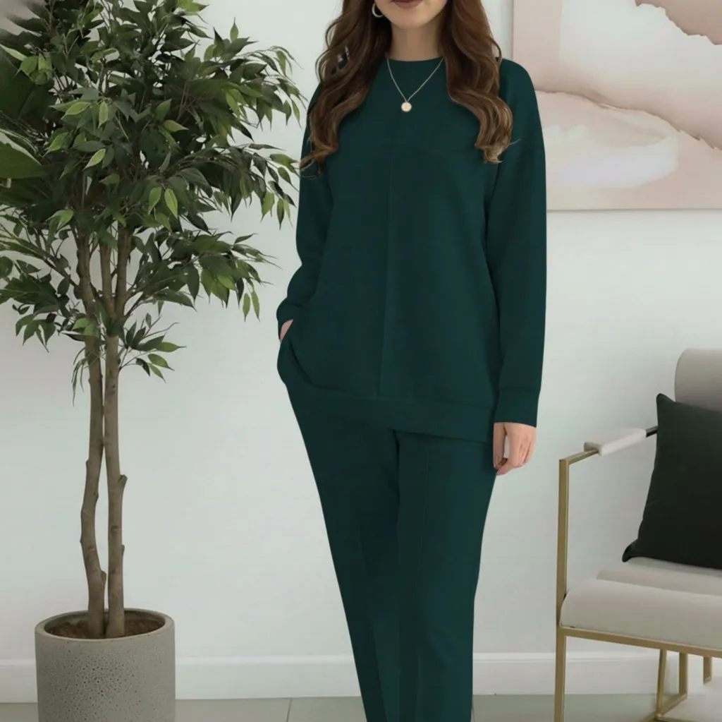 Women's Fashion Casual Solid-Colour Crew-Neck Top And Pants Two-Piece Set - Green