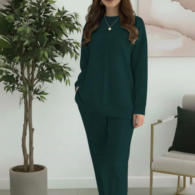 Women's Fashion Casual Solid Color Crew Neck Top And Pants Two Piece Set Green - Shop at LoveMi
