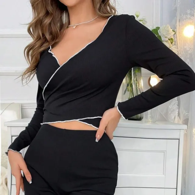 Women's Sexy V neck Long sleeve Pants With Straps Pajamas Black - Shop at LoveMi