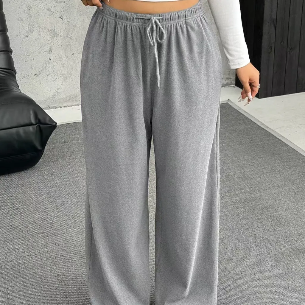 New Women's Drawstring-waist Straight-leg Casual Loose Pants - Light Gray