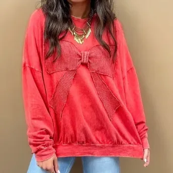Women's Long sleeve Crew neck Loose fit Hoodie With Bow Detail Red - Shop at LoveMi