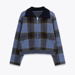 New Stylish And Versatile Plaid Zip-up Knit Sweater - View 1