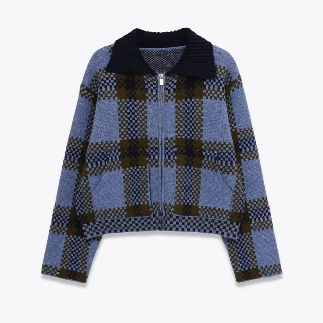 New Stylish And Versatile Plaid Zip up Knit Sweater - Shop at LoveMi