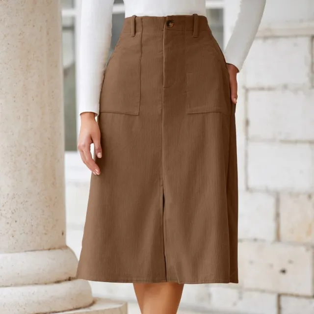 Women's Casual Black High waisted Midi Skirt With Front Slit Brown - Shop at LoveMi
