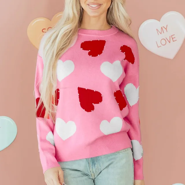 Women's Fashionable And Versatile Heart Print Crew Neck Knitted Top Pink - Shop at LoveMi