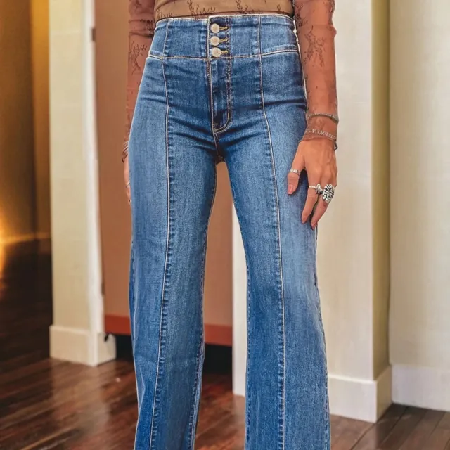 Women's Solid Color Fashionable Casual Slimming Flared Denim Trousers Blue - Shop at LoveMi