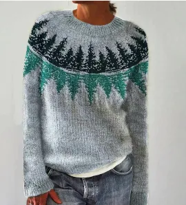 Printed Round Neck Sweater Thick Needle Fabric Color 2 - Shop at LoveMi