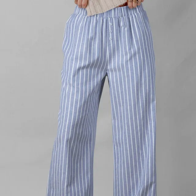 Sky Blue Stripe Buttoned Detail Loose Casual Pants Blue - Shop at LoveMi