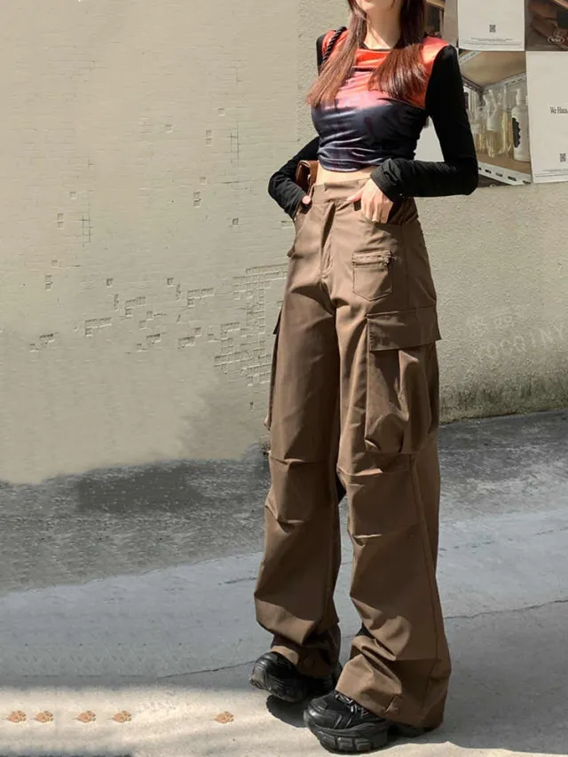 Women's Wide leg Casual Cargo Pants With Large Pockets And Pleats Mocha Brown - Shop at LoveMi