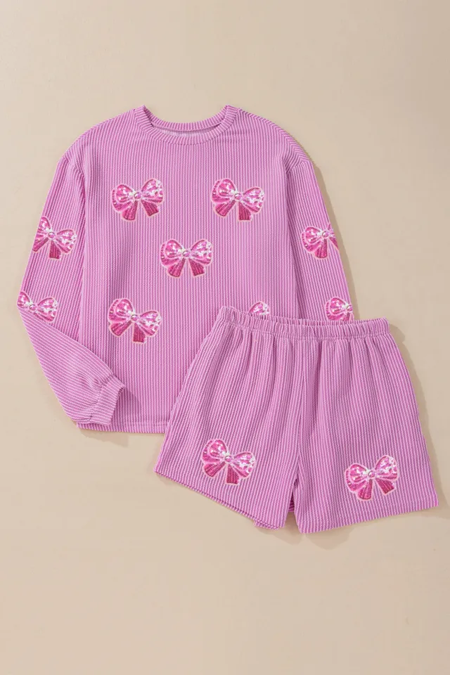 Women's Casual Jacquard Solid Color Long Sleeve Sweater And Shorts Set Purple - Shop at LoveMi