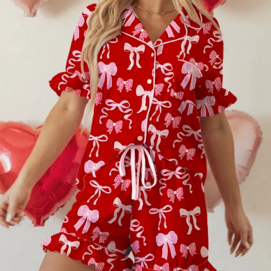 Women's Casual Bow-Knot Printed Loose Loungewear Set - Red