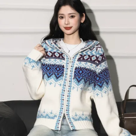 Christmas themed Fair Isle Jacquard Hooded Sweater Coat White - Shop at LoveMi