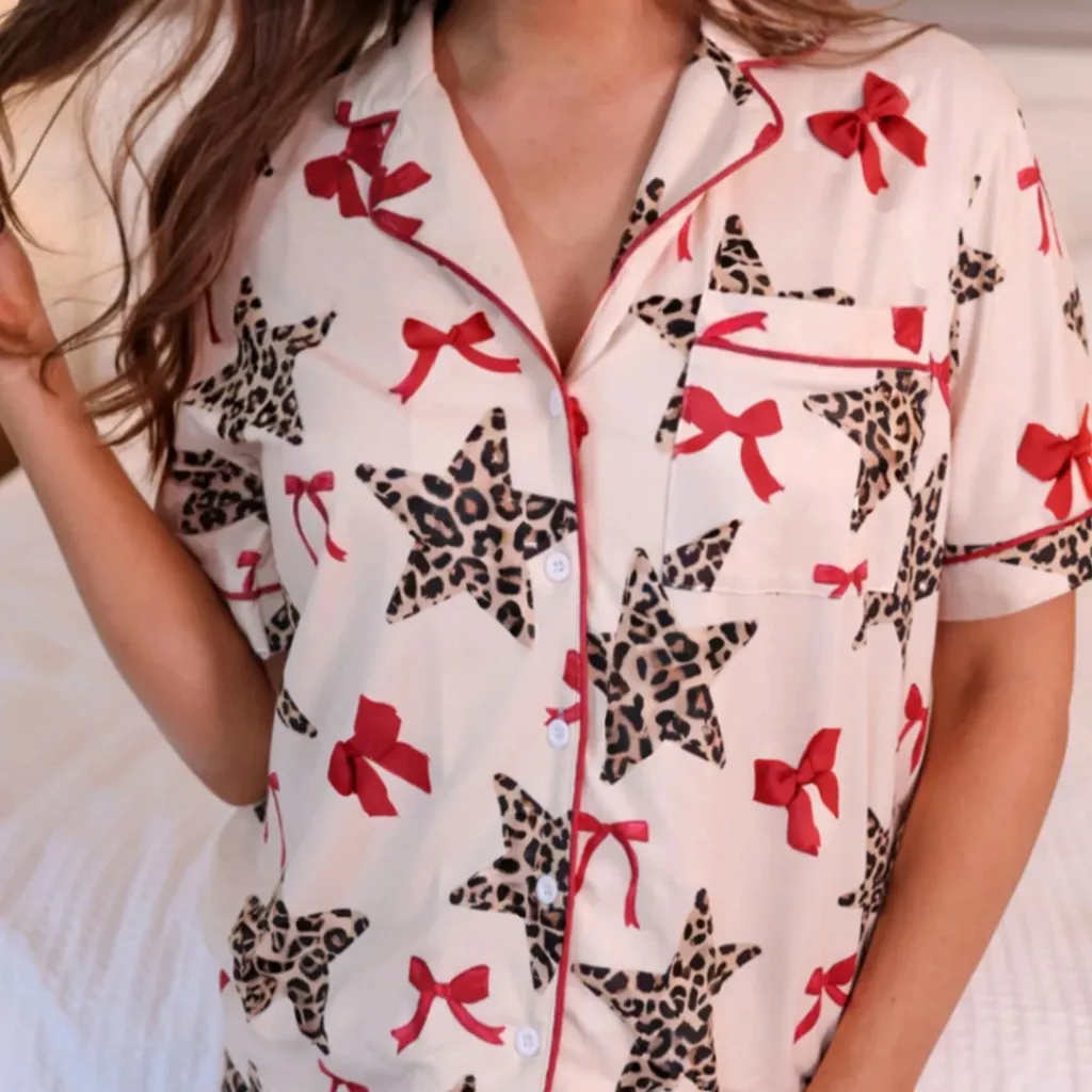 White Leopard Star Ribbon Bow Print Contrast Trim Short Pajama Set - White