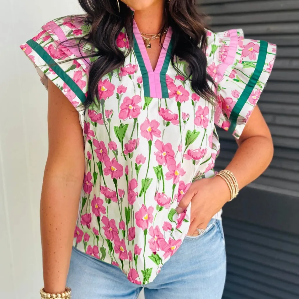 Women's European And American-style Fashionable Printed V-neck Short-sleeve Top - Pink