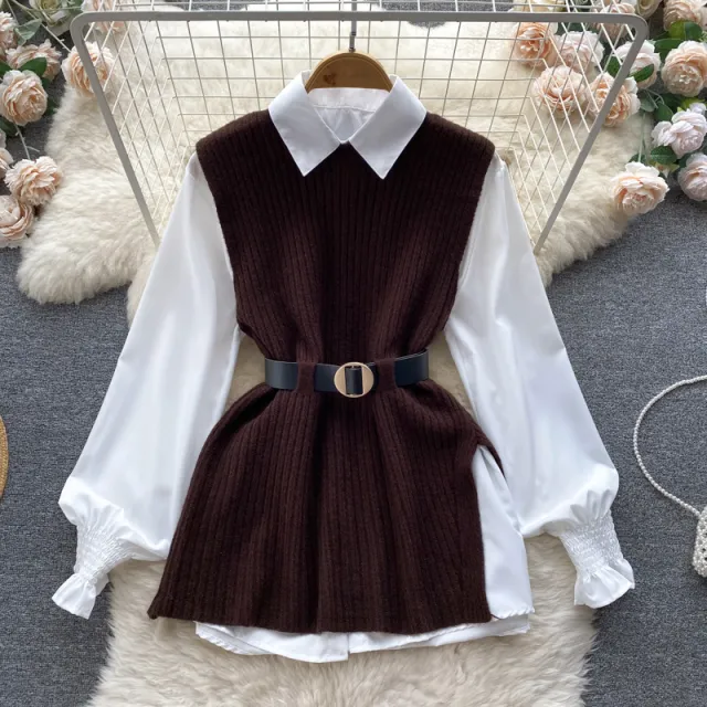 Slit Knitted Vest Shirt Western Style Youthful looking Two piece Set Coffee - Shop at LoveMi