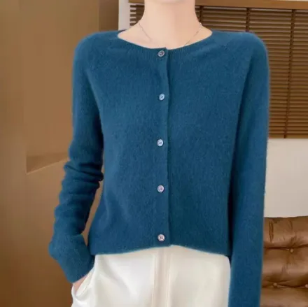 Cardigan Plus Size Coat Loose Round Neck Sweater - Dark Blue