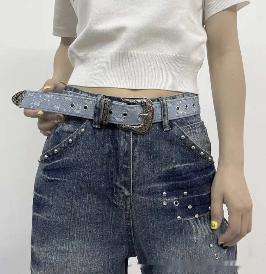 Blue Denim Belt Vintage Carved Leather Belt Accessory - Blue Carvings Style