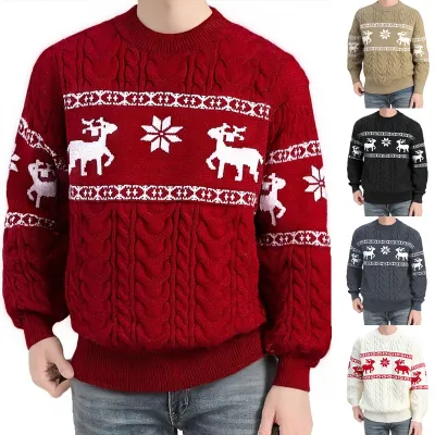 Winter Ugly Christmas Pullovers Sweater For Men Thick Warm Knitted Sweaters With Deer Christmas Holiday Round Neck Tops