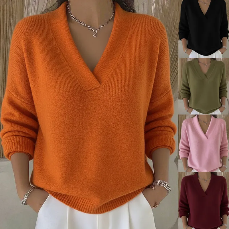 Elegant Soft V-neck Long Sleeve Women's Sweater Knitted Loose Sweater Autumn And Winter New Solid Color Casual Fashion Women's Knitted Sweater