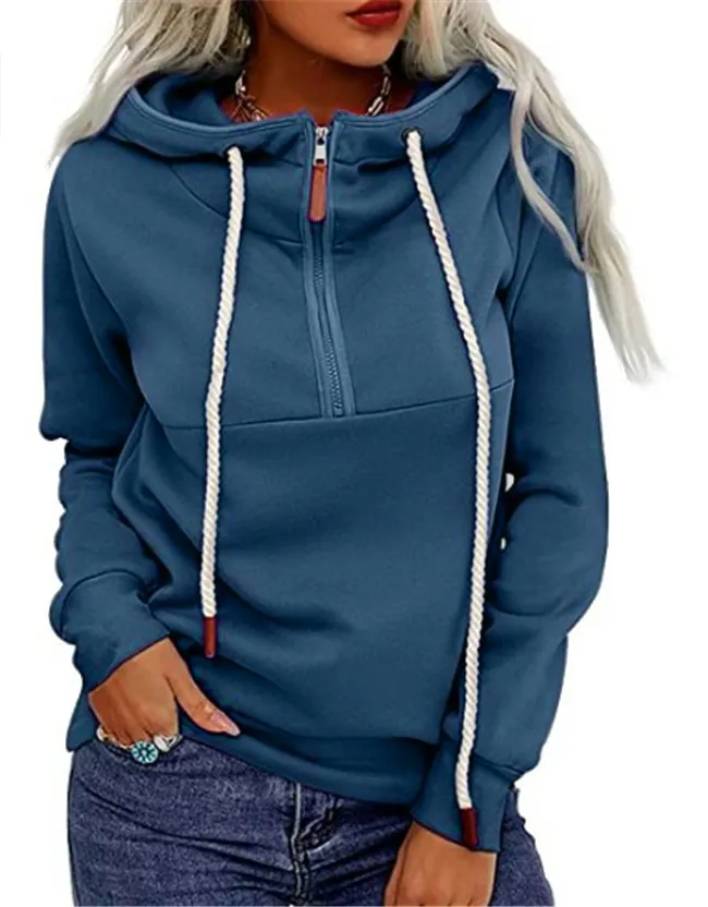 Front Middle Zipper Plus Velvet Hooded Sweater - Blue