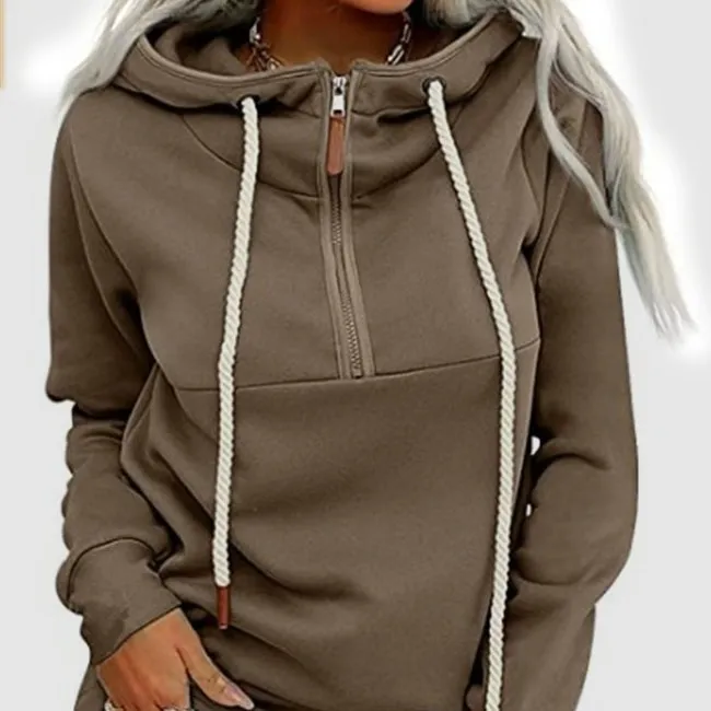 Front Middle Zipper Plus Velvet Hooded Sweater - Khaki