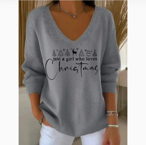 3D Printed Women's Fashionable Christmas V-neck Long Sleeve T-shirt - Style19-S