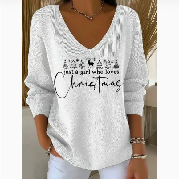 3D Printed Women's Fashionable Christmas V-neck Long Sleeve T-shirt - Style6