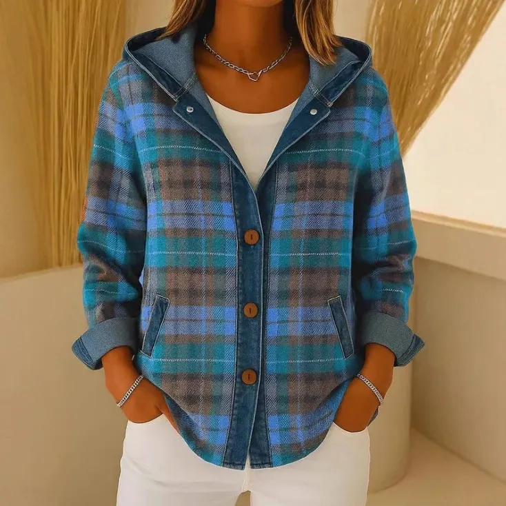 Women's Fashion Plaid Color-blocking Coat - Black Line F357