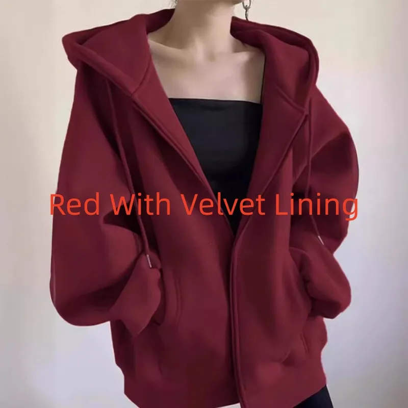 Maillard Vintage Zipper Hooded Sweater For Women Spring And Autumn - Red With Velvet Lining