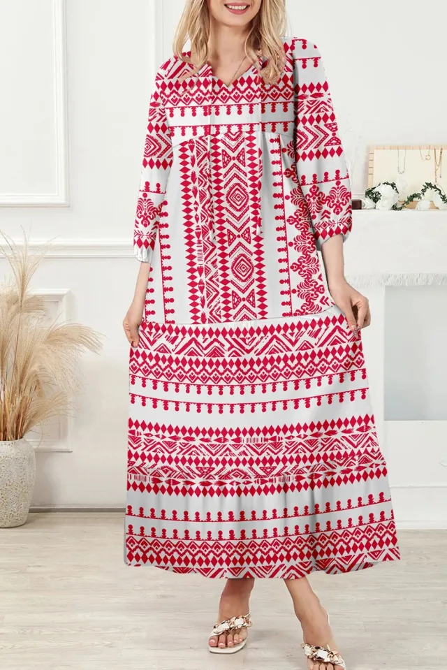 Women's Casual Loose Geometric Print Puff Sleeve Dress Red - Shop at LoveMi