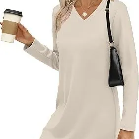Women's Solid Color Casual V Neck Long Sleeve Knitted Dress Creamy White - Shop at LoveMi