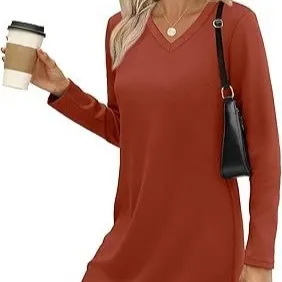 Women's Solid Color Casual V Neck Long Sleeve Knitted Dress Brown - Shop at LoveMi