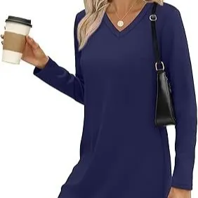 Women's Solid-Color Casual V-Neck Long-Sleeve Knitted Dress - Dark Blue