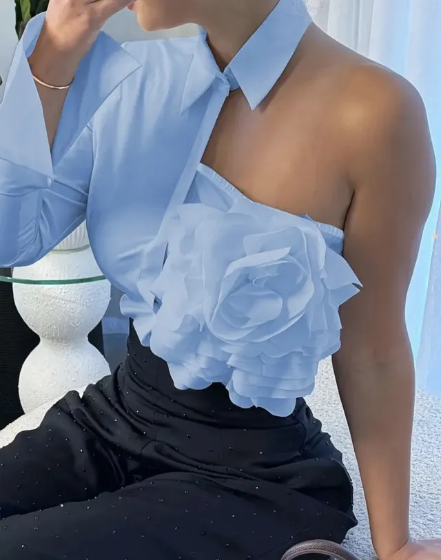 White Blouse With A One shoulder TOP Blue - Shop at LoveMi