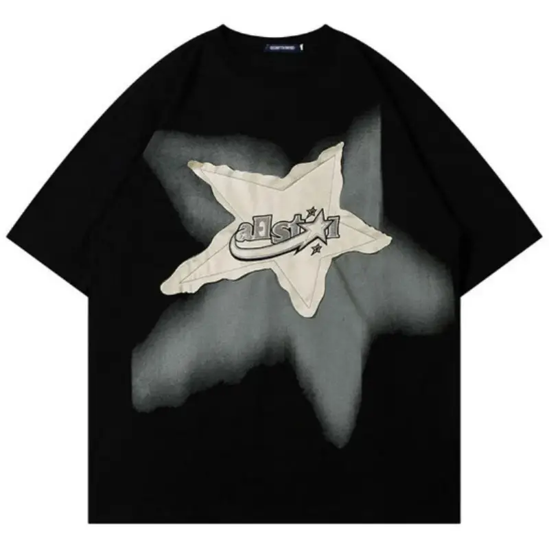 New Men's Clothing American-style Retro Star Patchwork Loose-fit Short-sleeve Shirt