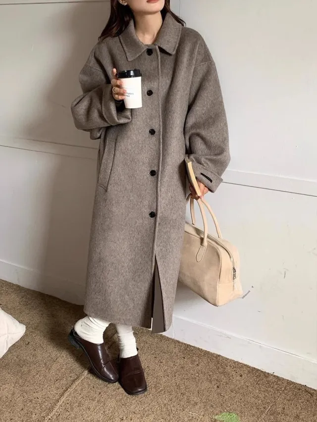 Solid color, Sophisticated, Vintage style Double faced Cashmere Wool Coat With Added Thickness Dark Cameo Brown - Shop at LoveMi