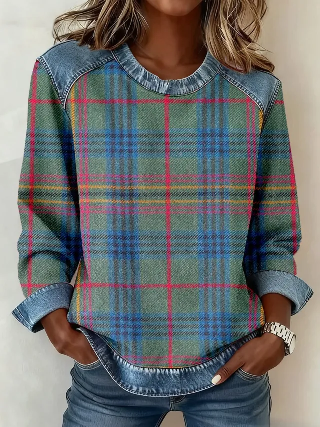 Denim Collar Long Sleeve Pullover Patchwork Knitwear Top Style 1 Checkered Color - Shop at LoveMi